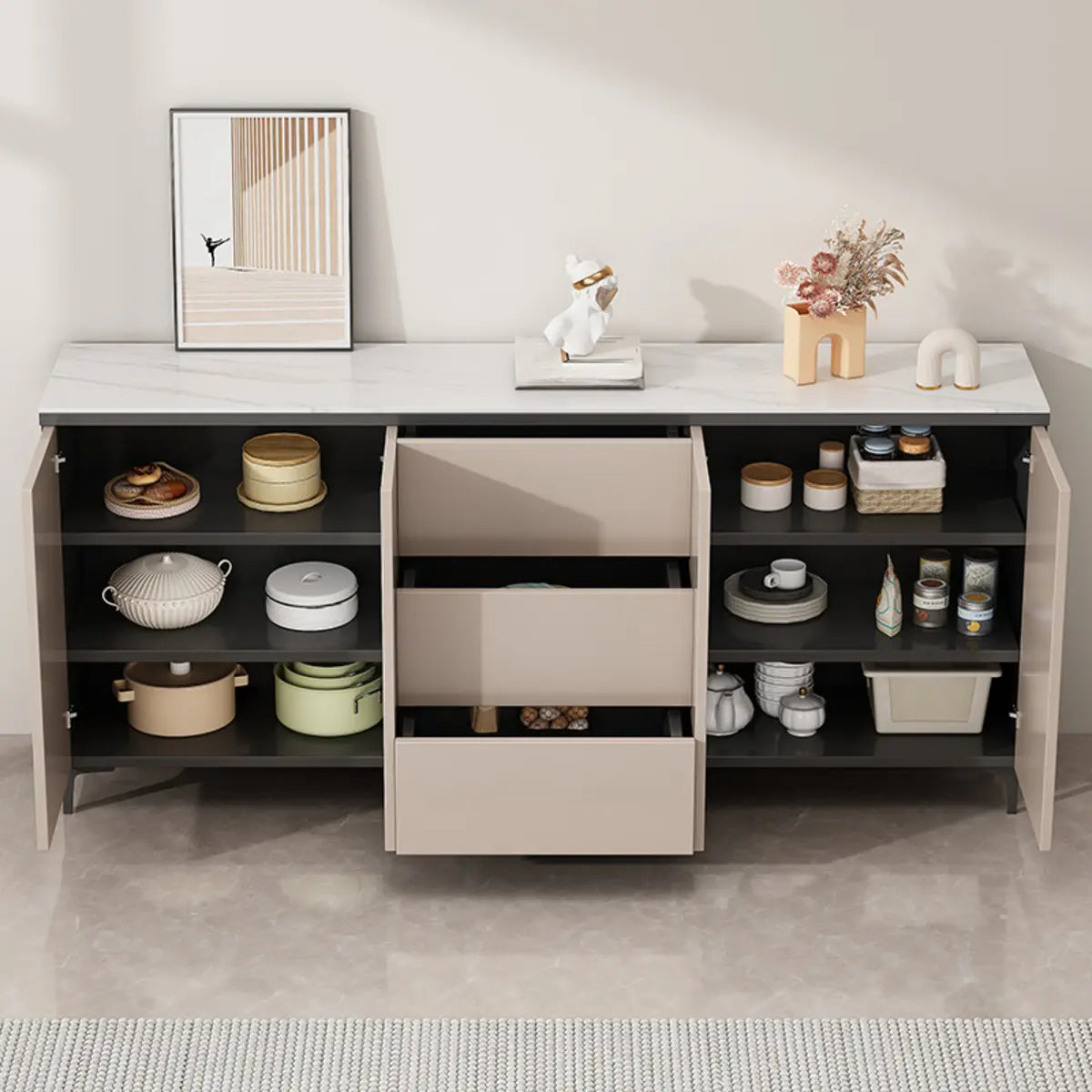 Stone Top White Wood Buffet with Shelves — Gray-White / 2