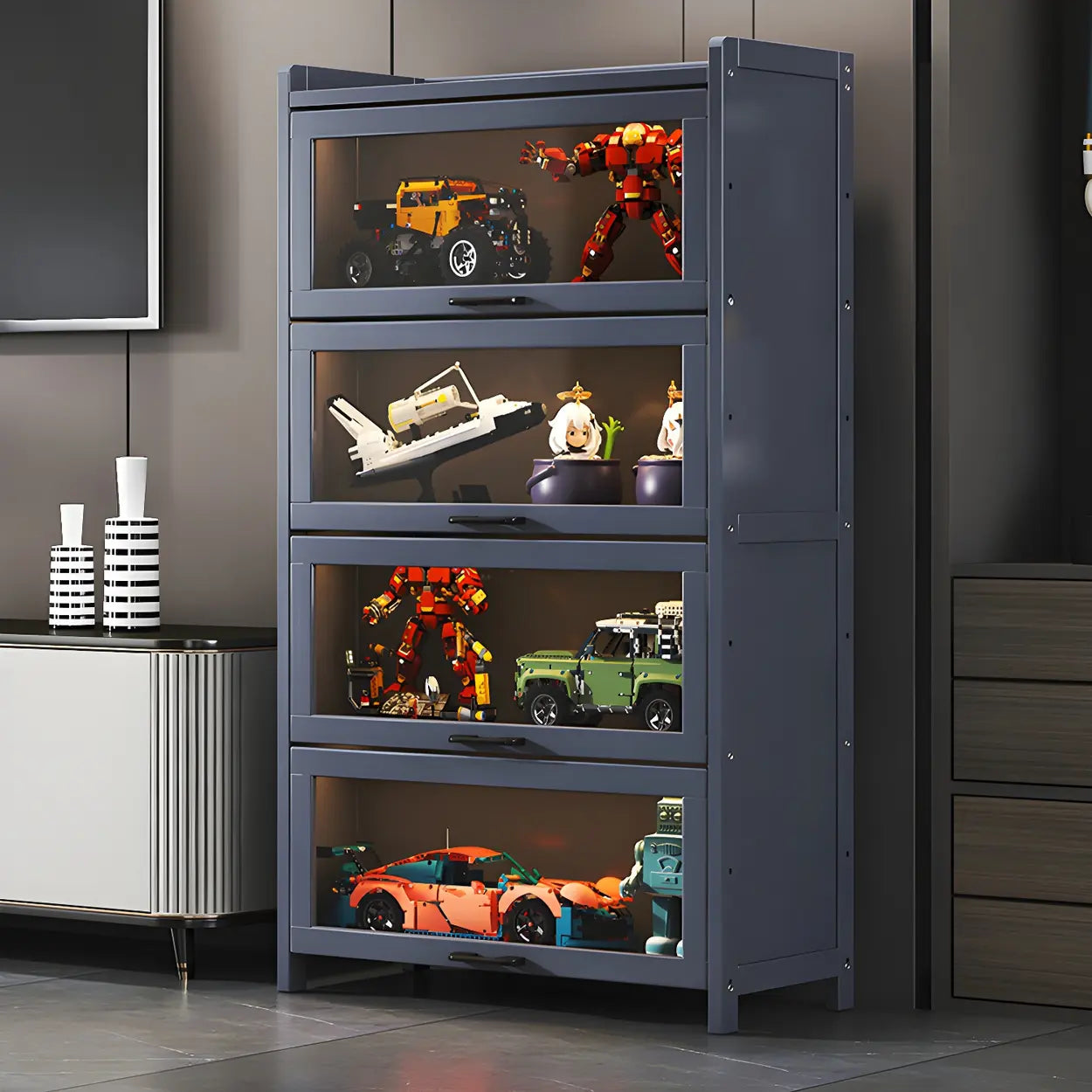 Vintage Gray Bamboo Living Room Display Cabinet — Grey