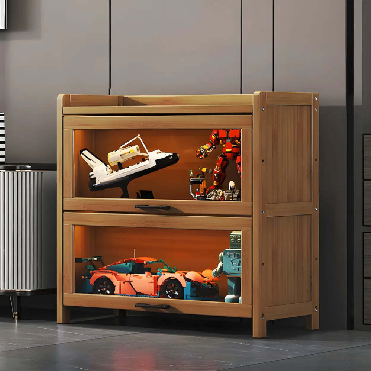 Modern display storage wine cabinets in bamboo — 20" L x 13" W x 28" H / Tan
