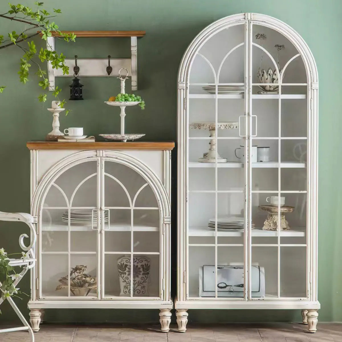 White Arched Wood Tall Display Cabinet