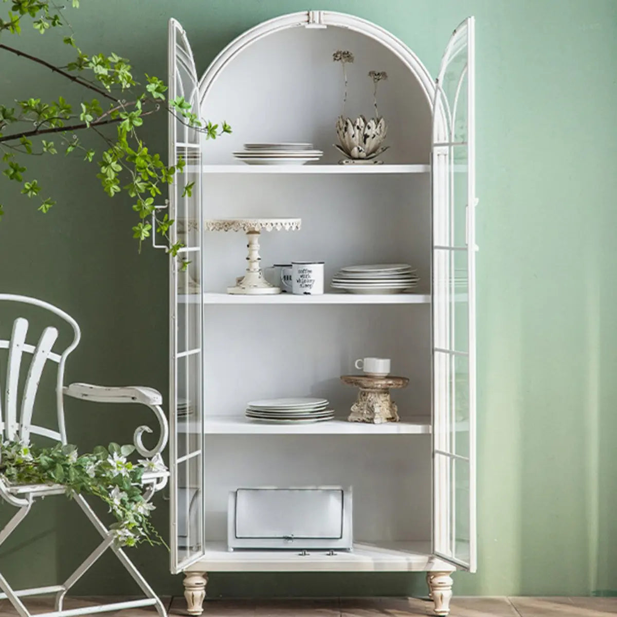 White Arched Wood Tall Display Cabinet