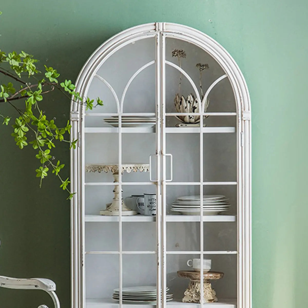 White Arched Wood Tall Display Cabinet