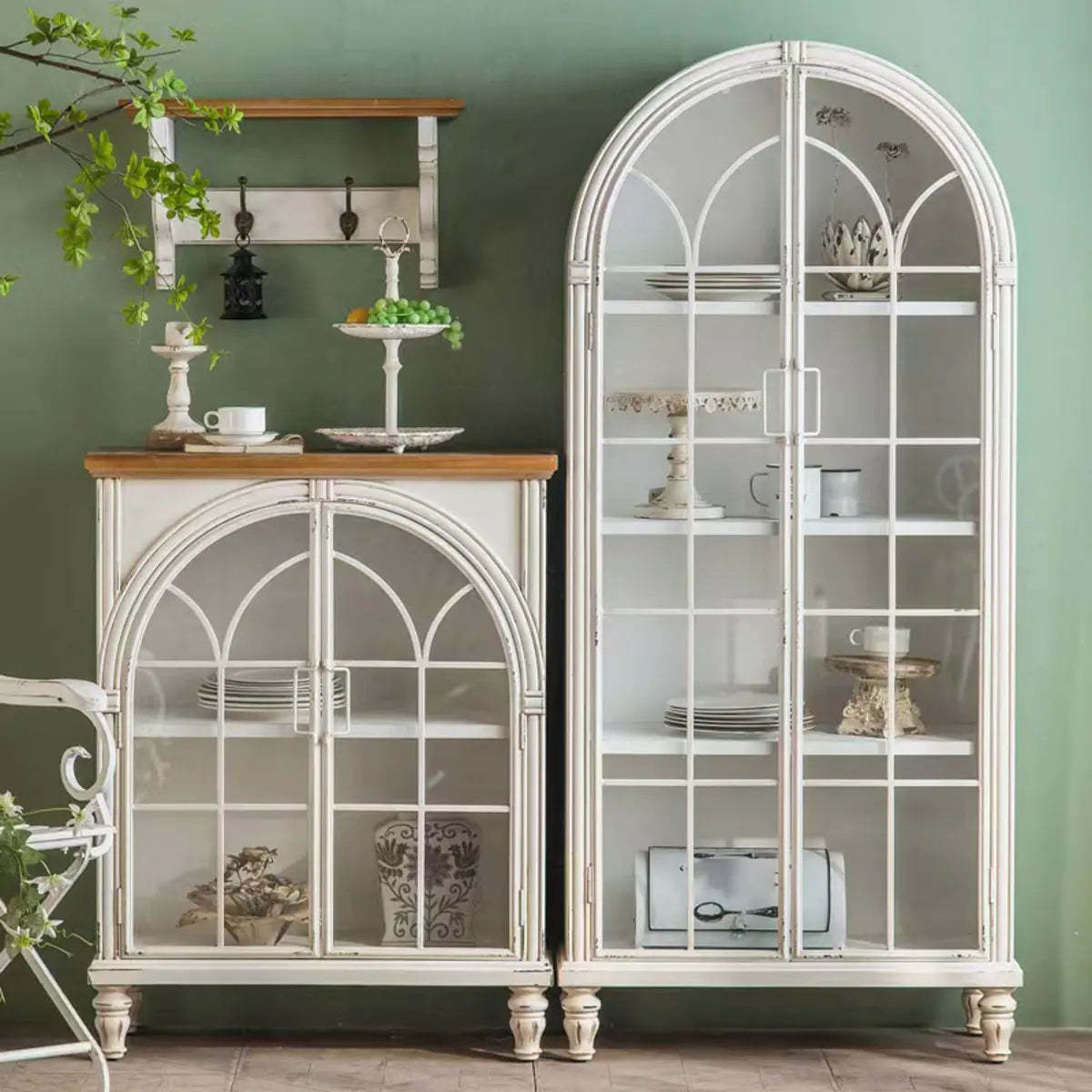 White Arched Wood Tall Display Cabinet