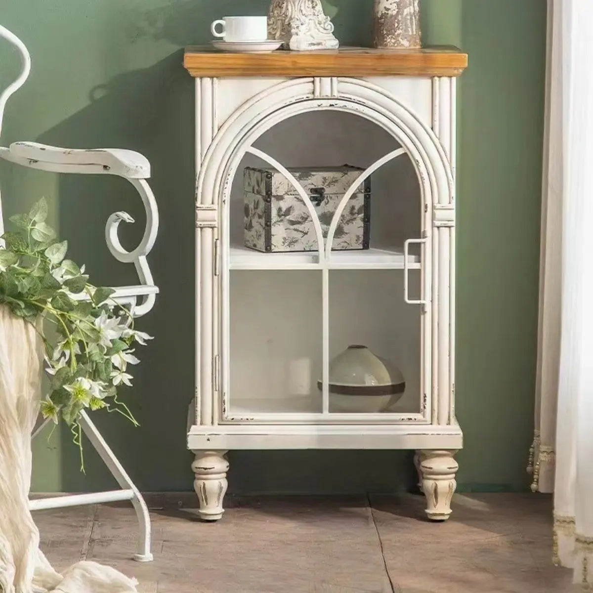 White Arched Wood Tall Display Cabinet
