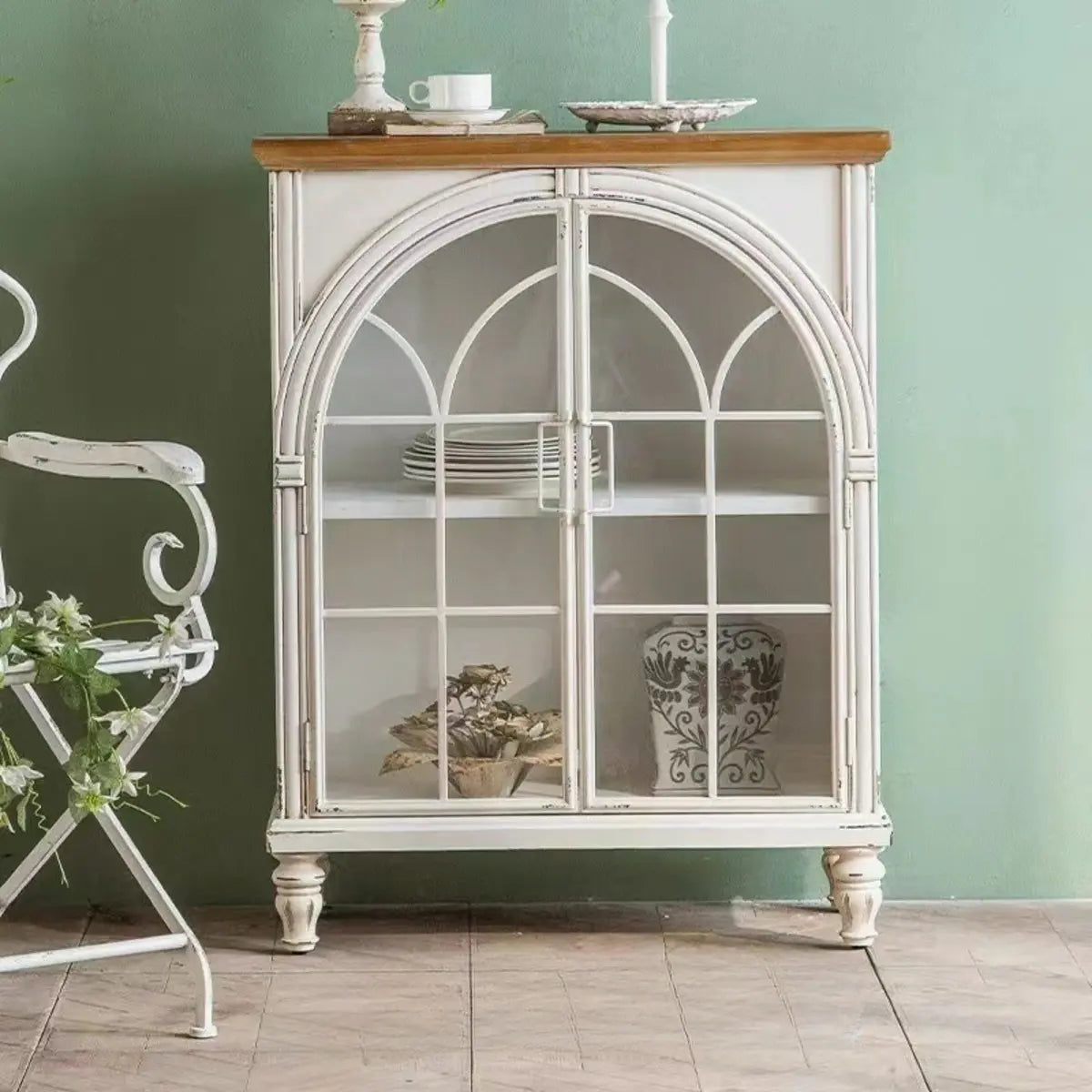 White Arched Wood Tall Display Cabinet