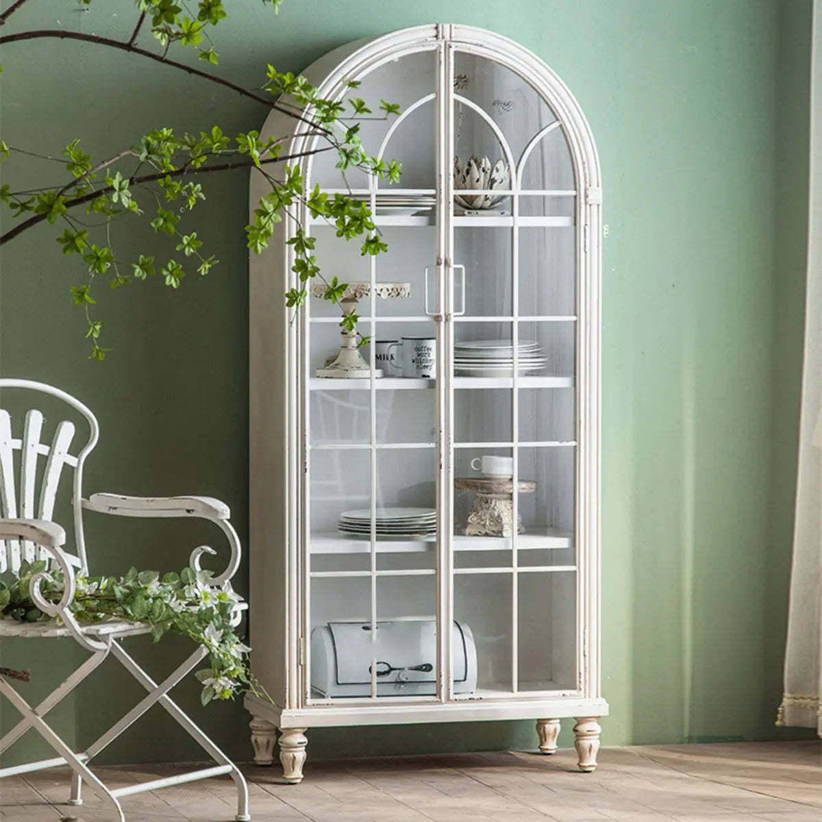 White Arched Wood Tall Display Cabinet