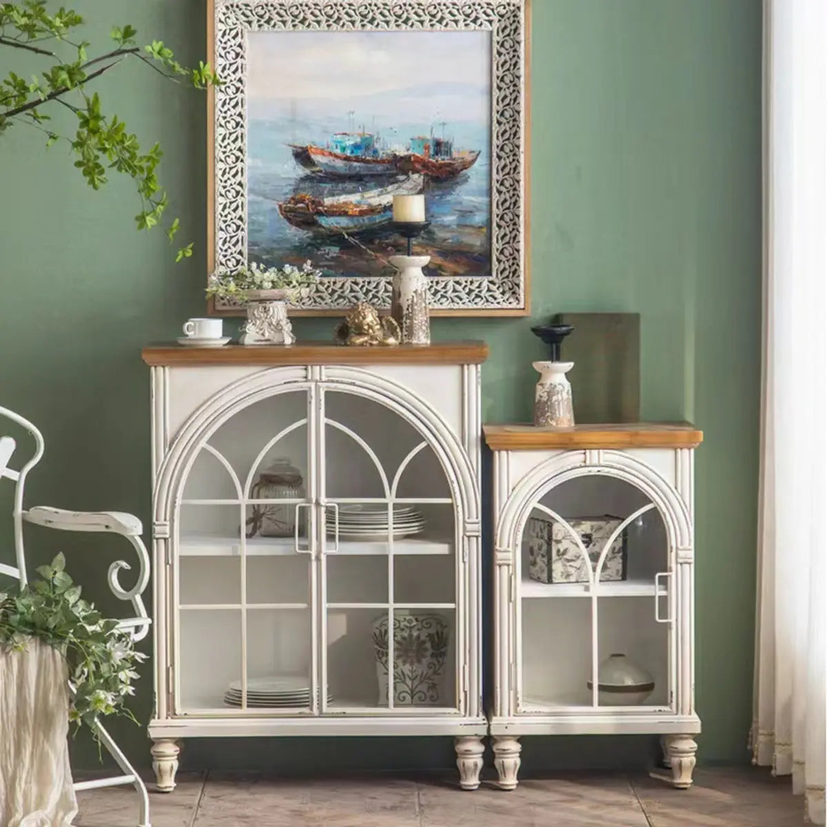 White Arched Wood Tall Display Cabinet