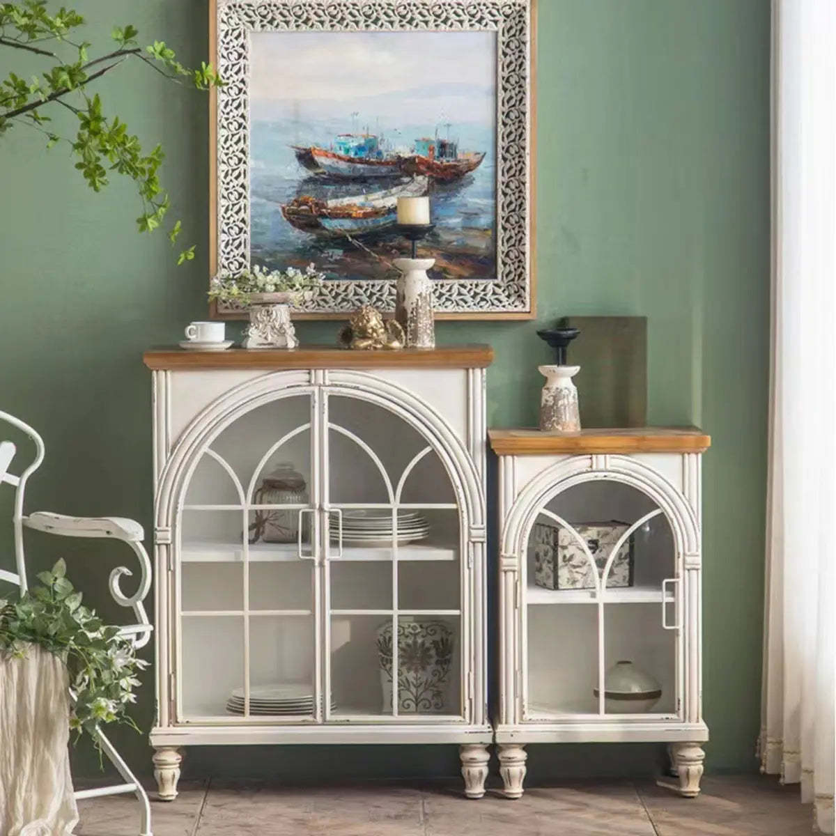 White Arched Wood Tall Display Cabinet