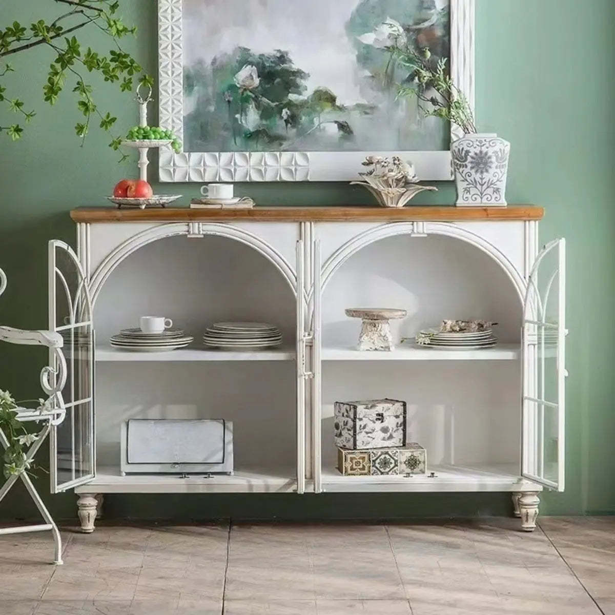 White Arched Wood Tall Display Cabinet