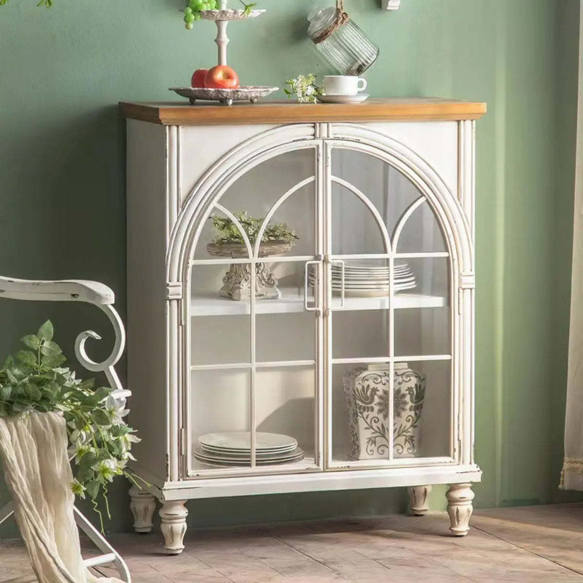 White Arched Wood Tall Display Cabinet