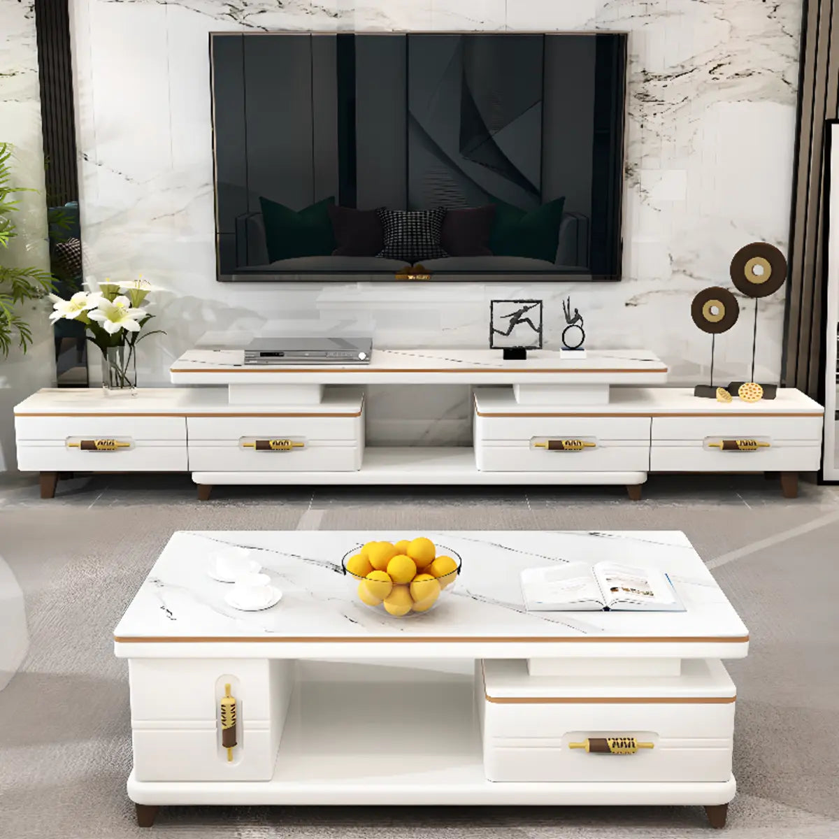 White Sintered Stone Drawer Long TV Stand