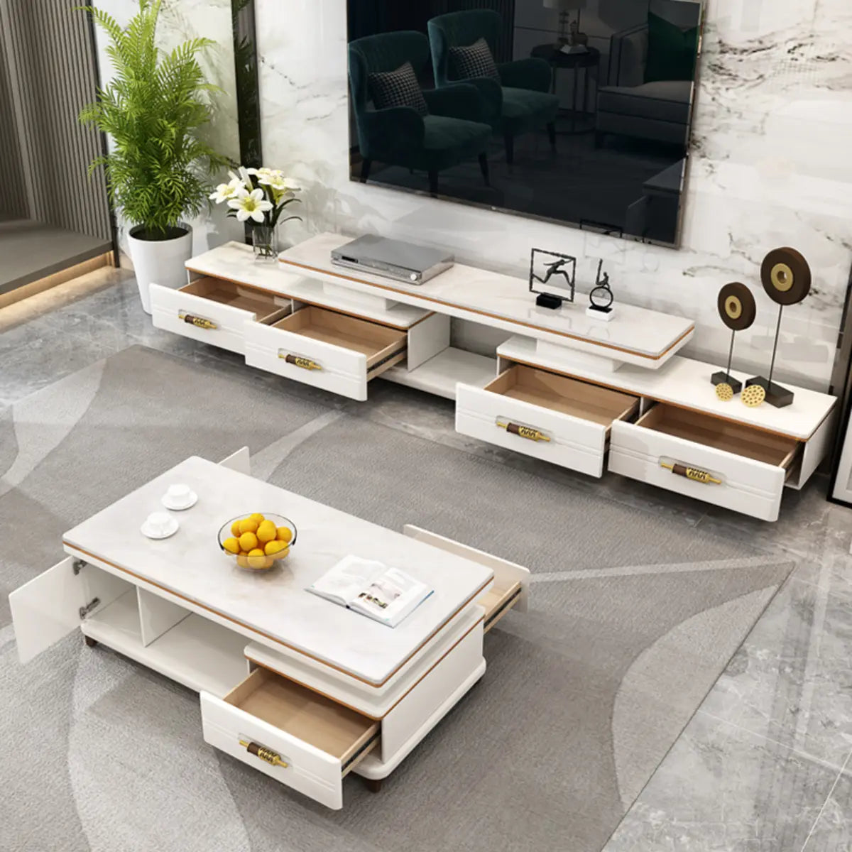 White Sintered Stone Drawer Long TV Stand — Marble
