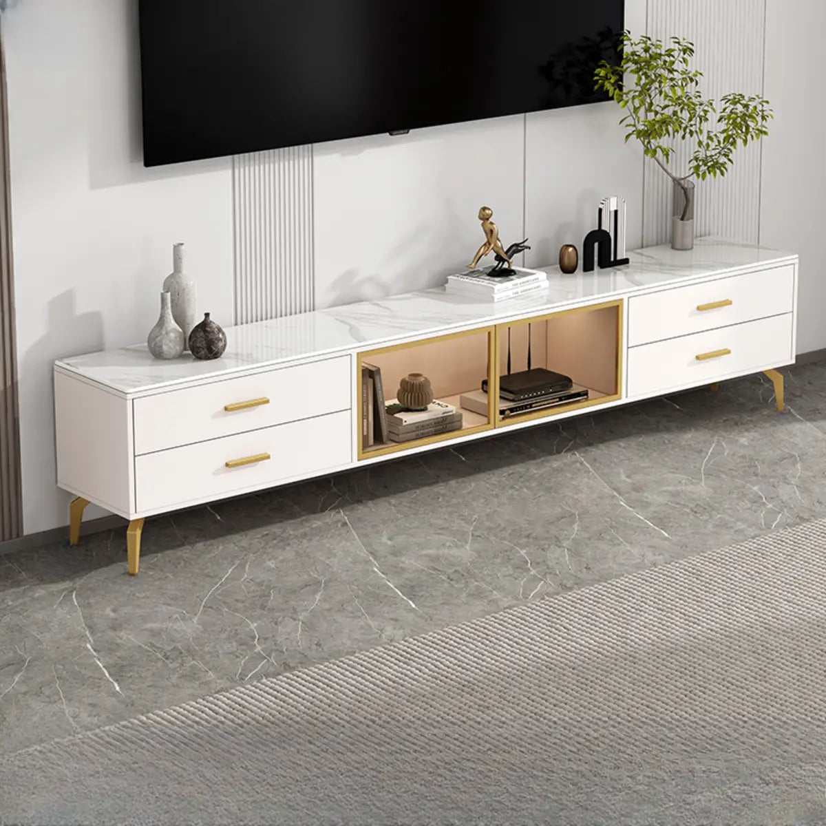 Lighom modern long drawer white tv stands in stone — 79" L x 12" W x 18" H