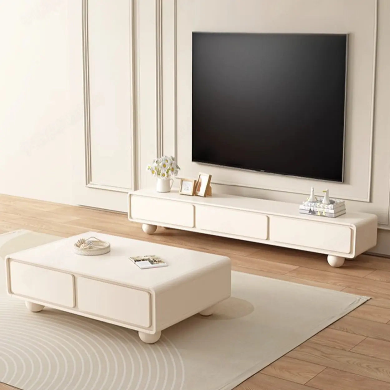 White Wood Rectangular TV Stand with Drawers