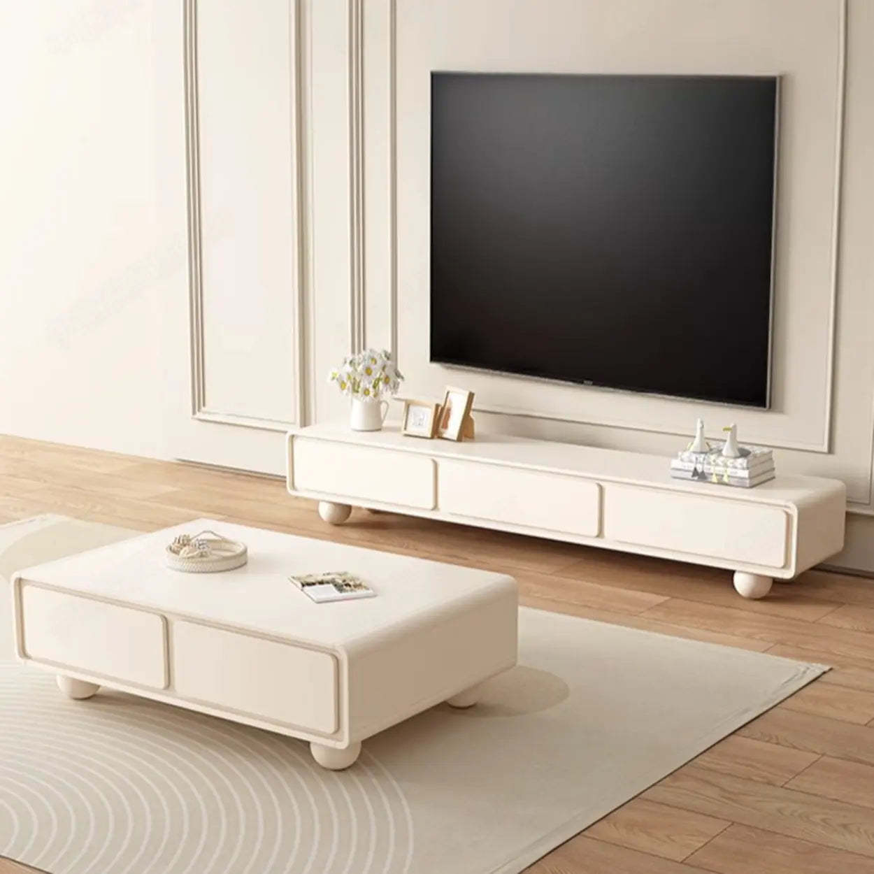 White Wood Rectangular TV Stand with Drawers — Stone