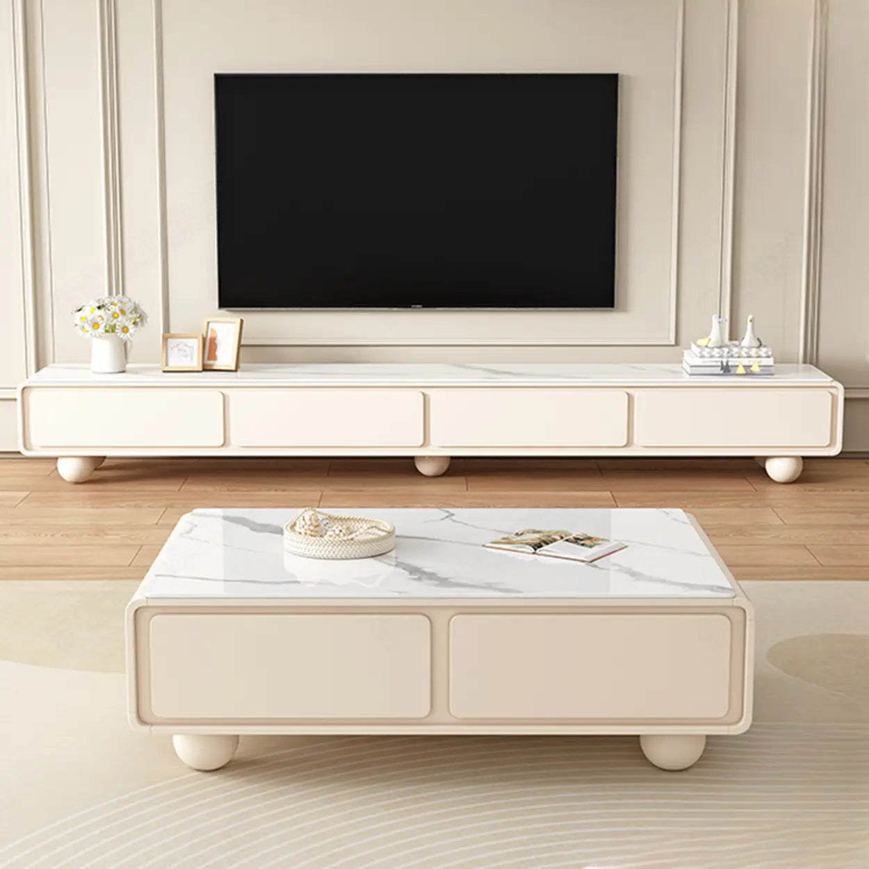 White Wood Rectangular TV Stand with Drawers — Wood