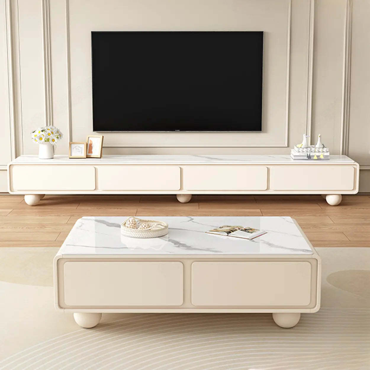 White Wood Rectangular TV Stand with Drawers — Wood