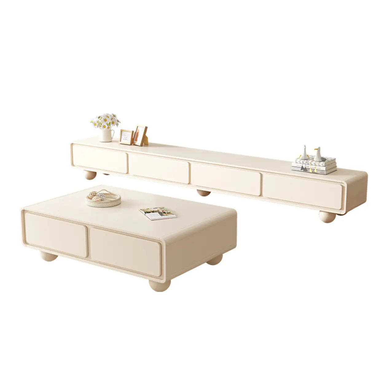 White Wood Rectangular TV Stand with Drawers — Stone