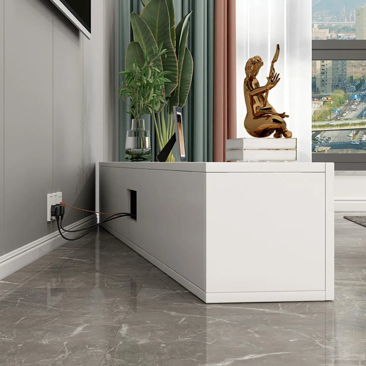 White Wood Rectangular Living Room TV Stand