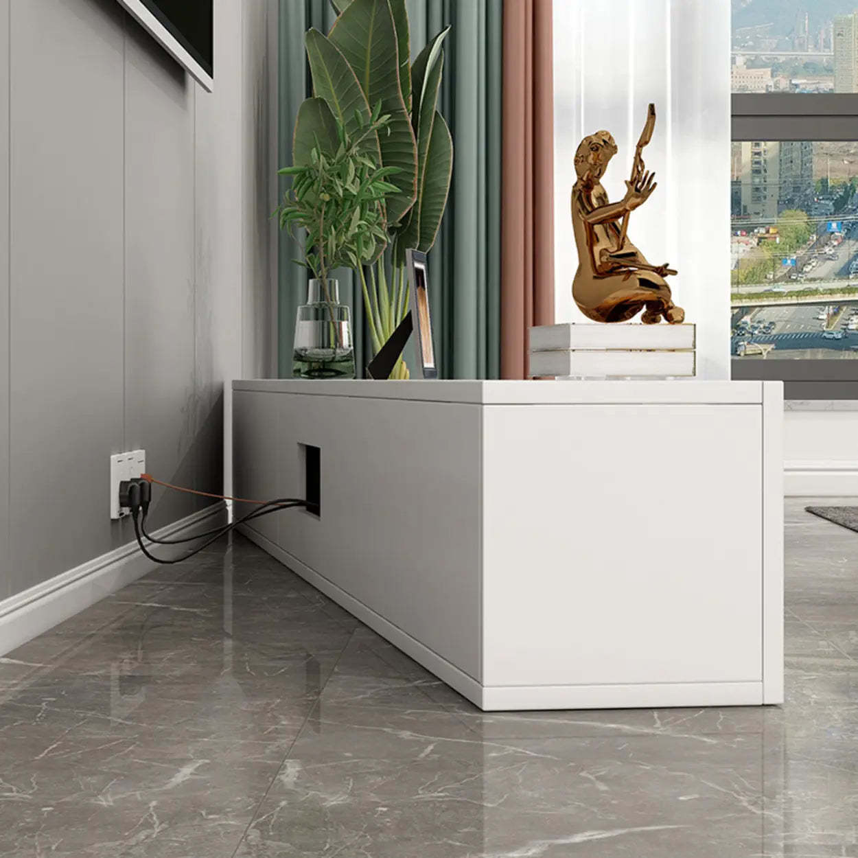 White Wood Rectangular Living Room TV Stand