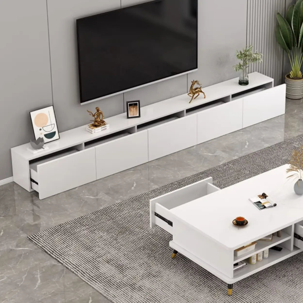 White Wood Rectangular Living Room TV Stand