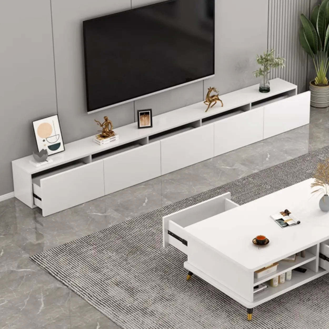 White Wood Rectangular Living Room TV Stand