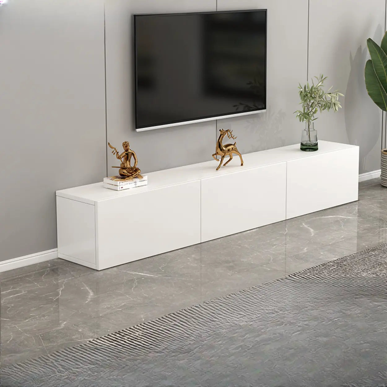 White Wood Rectangular Living Room TV Stand