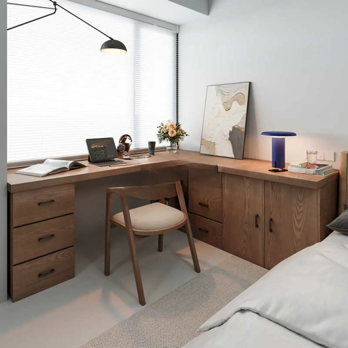 Long Butcher Block Shelf Drawer L-Shape Writing Desk