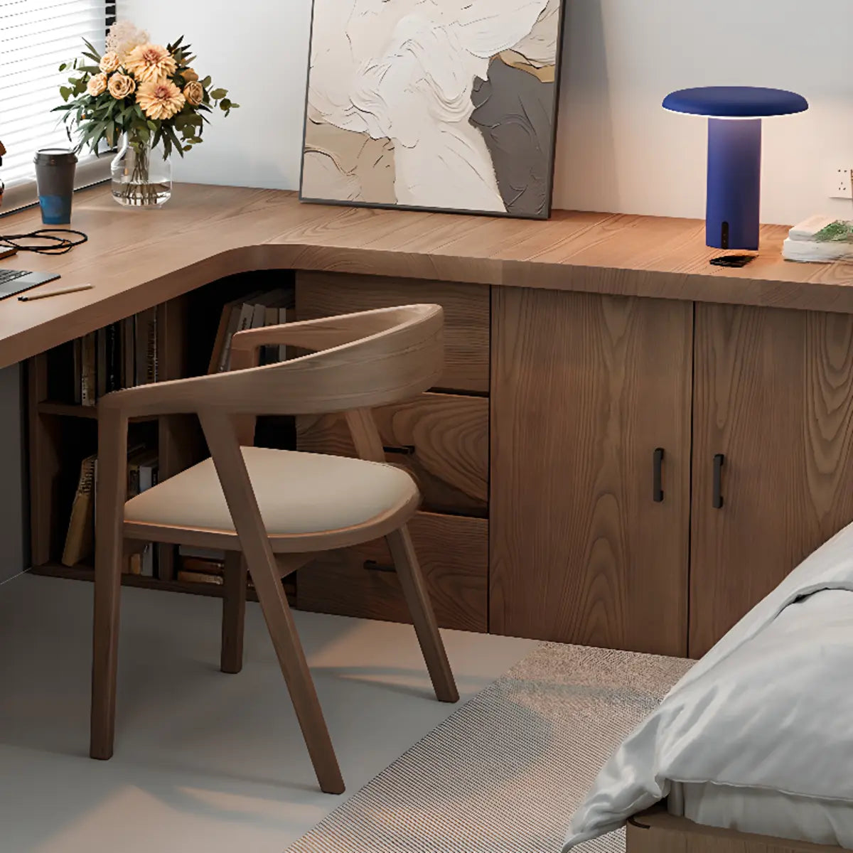 Long Butcher Block Shelf Drawer L-Shape Writing Desk — Without Chairs