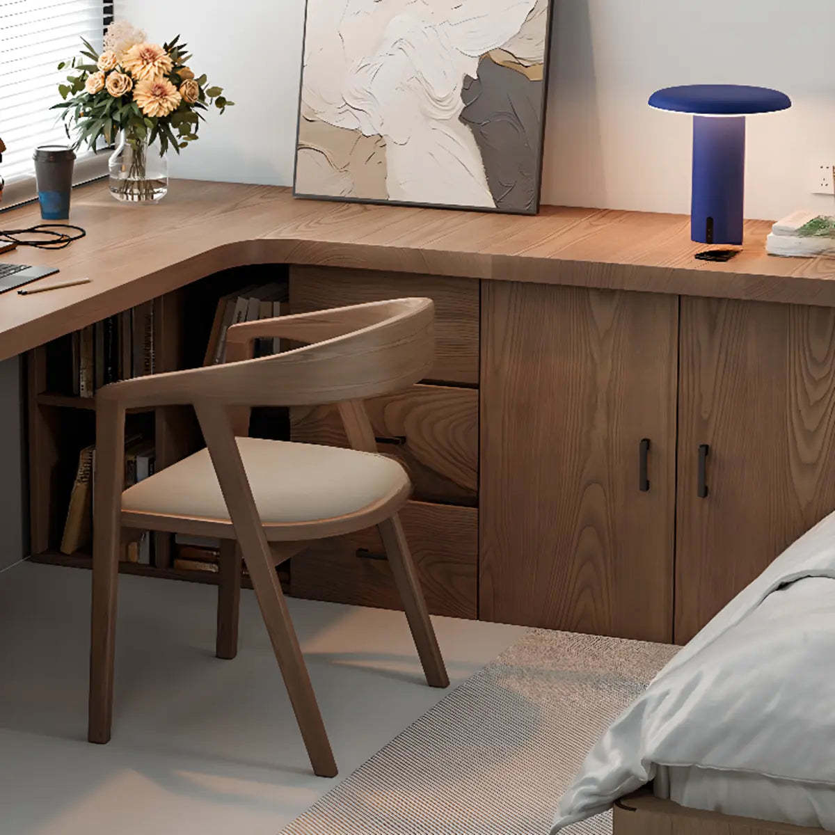 Long Butcher Block Shelf Drawer L-Shape Writing Desk — Without Chairs