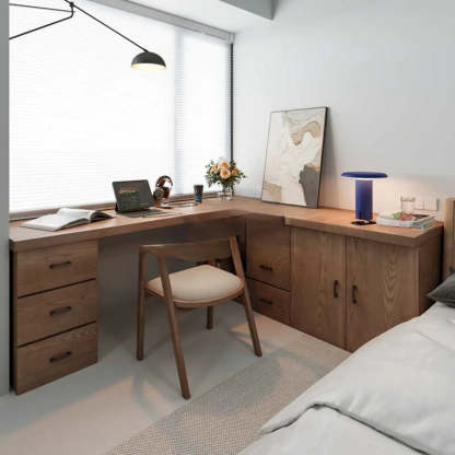 Long Butcher Block Shelf Drawer L-Shape Writing Desk — Without Chairs