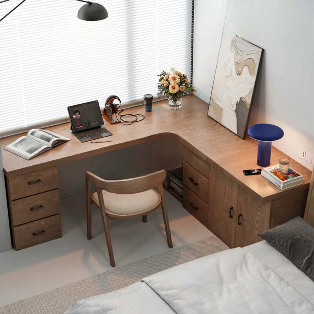 Long Butcher Block Shelf Drawer L-Shape Writing Desk — Without Chairs