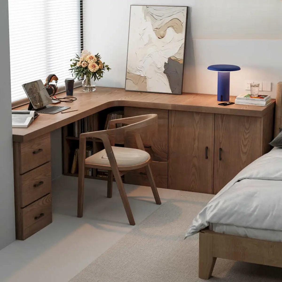 Long Butcher Block Shelf Drawer L-Shape Writing Desk — Without Chairs