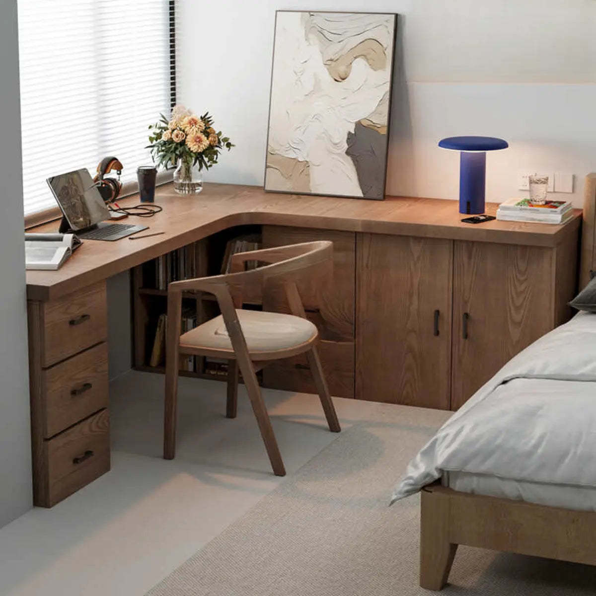 Long Butcher Block Shelf Drawer L-Shape Writing Desk — Without Chairs