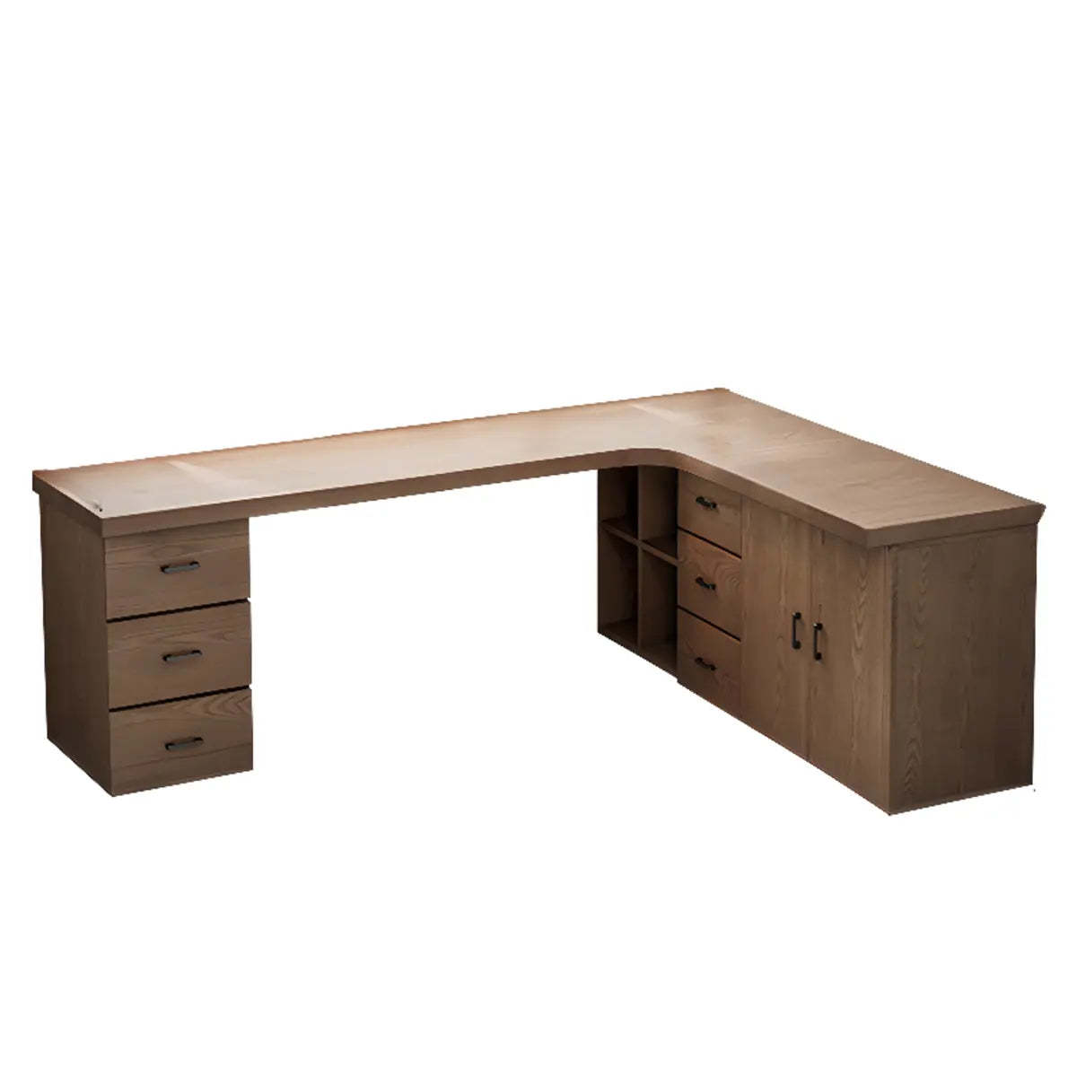 Long Butcher Block Shelf Drawer L-Shape Writing Desk — Without Chairs