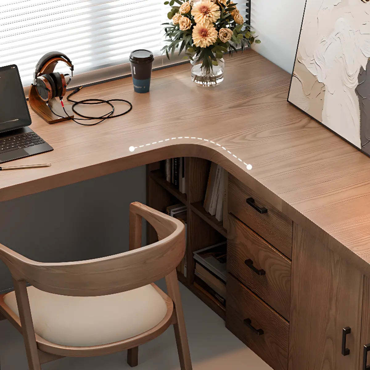 Long Butcher Block Shelf Drawer L-Shape Writing Desk — Without Chairs