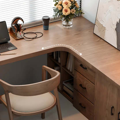 Long Butcher Block Shelf Drawer L-Shape Writing Desk — Without Chairs