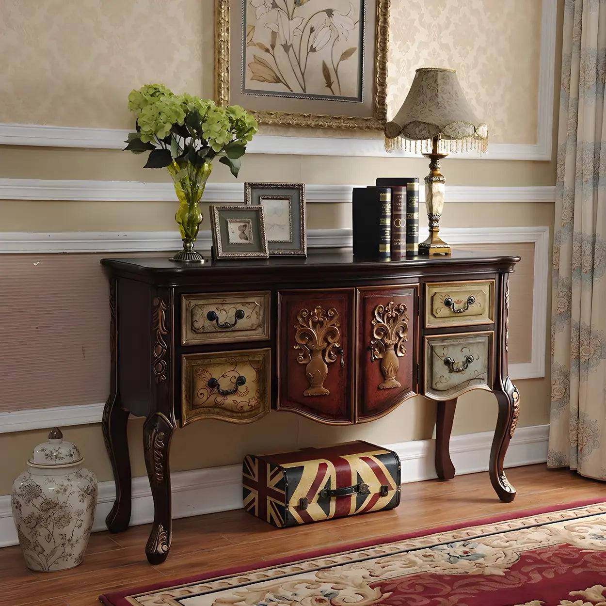 Luxury Brown Birch Cabinet-Drawer Console Table — Black