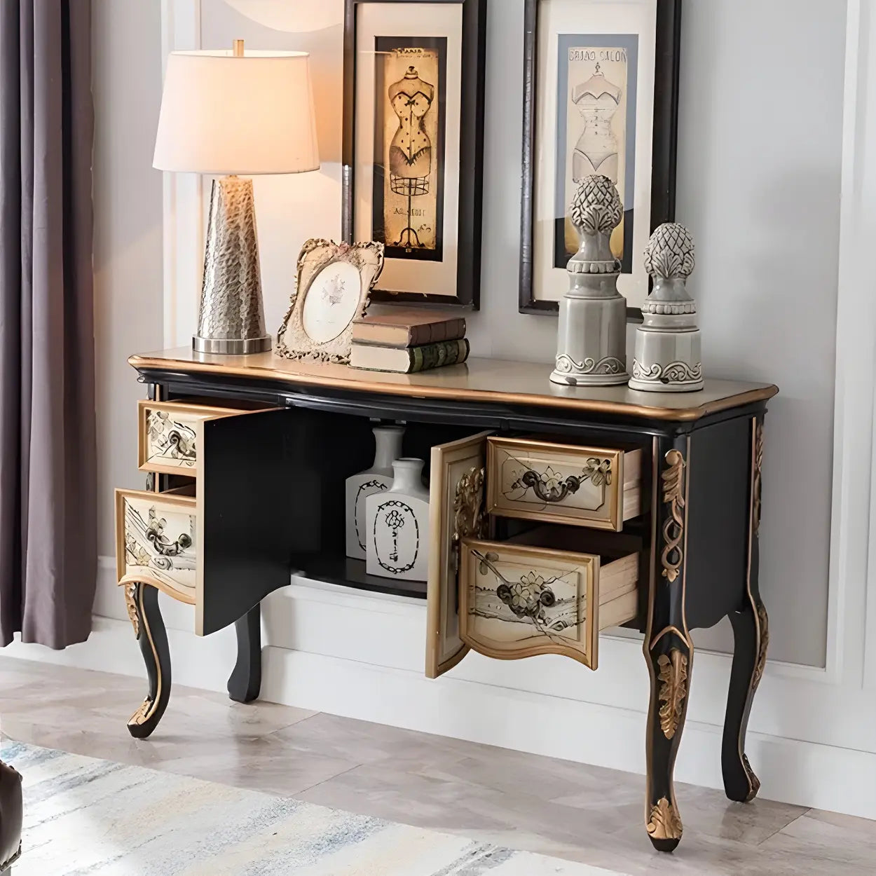 Luxury Brown Birch Cabinet-Drawer Console Table