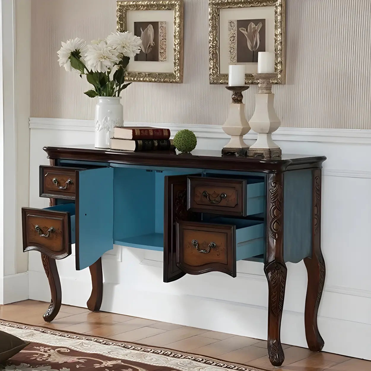 Luxury Brown Birch Cabinet-Drawer Console Table