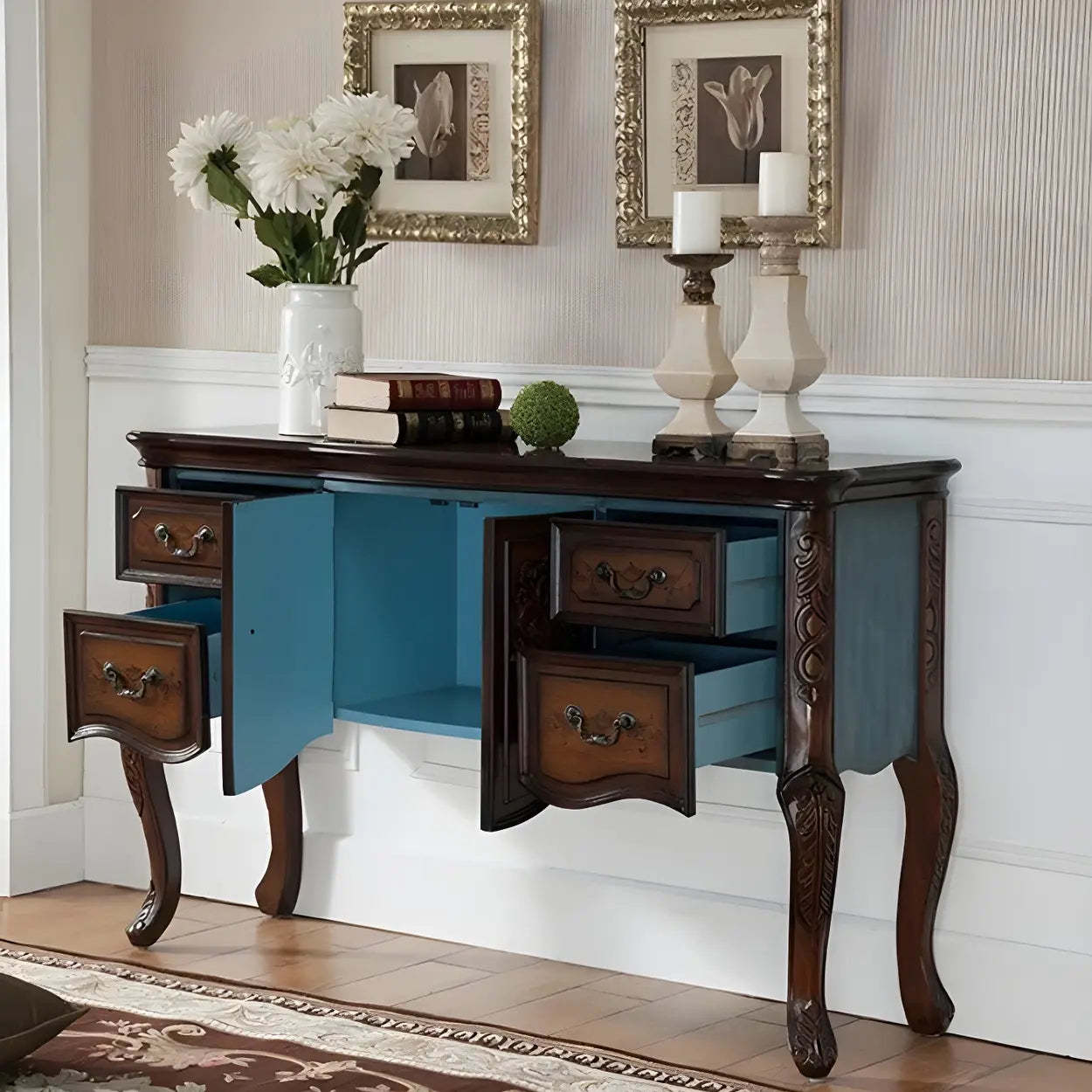 Luxury Brown Birch Cabinet-Drawer Console Table