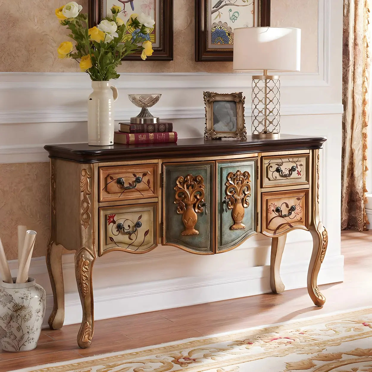 Luxury Brown Birch Cabinet-Drawer Console Table — Black