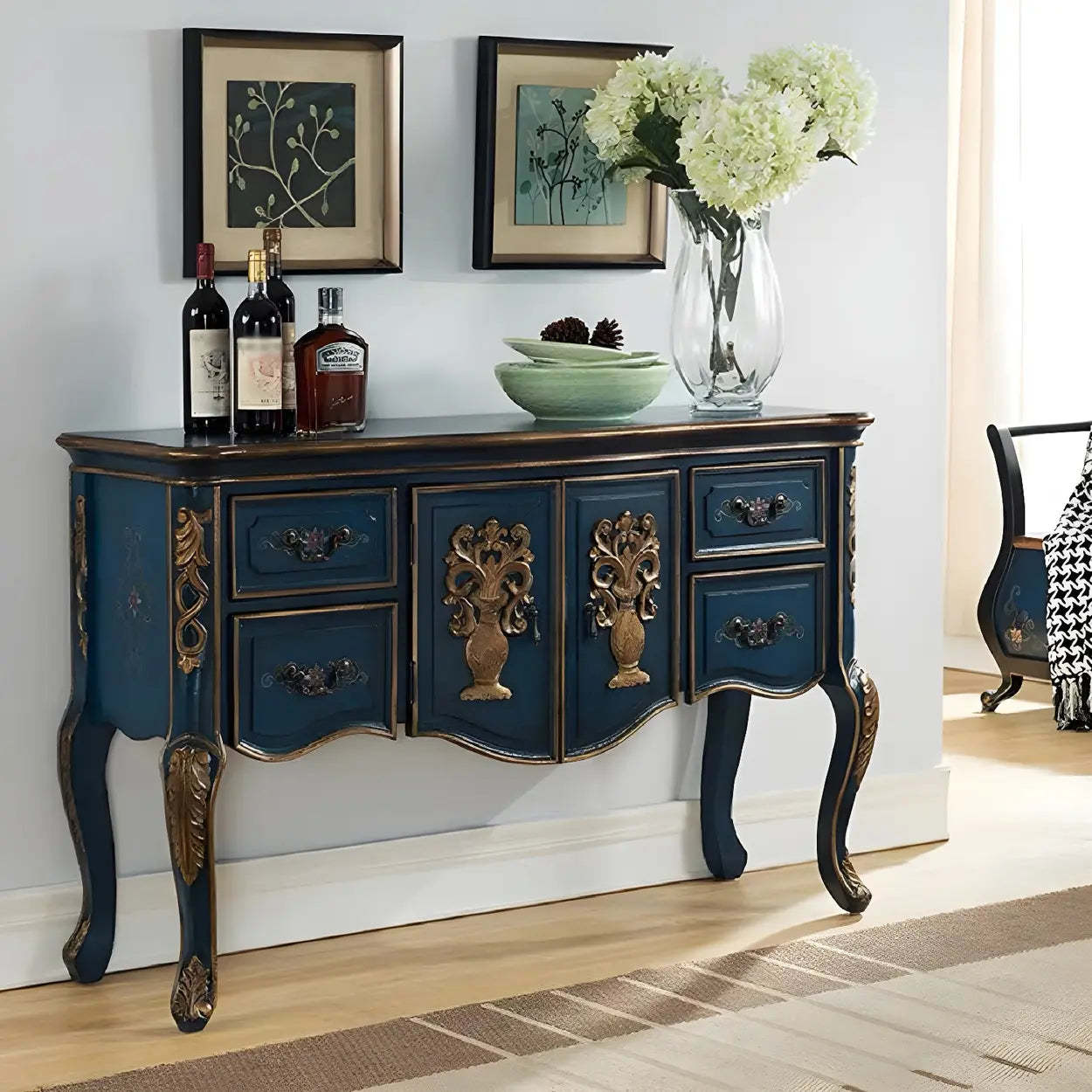 Luxury Brown Birch Cabinet-Drawer Console Table — Black-Silver