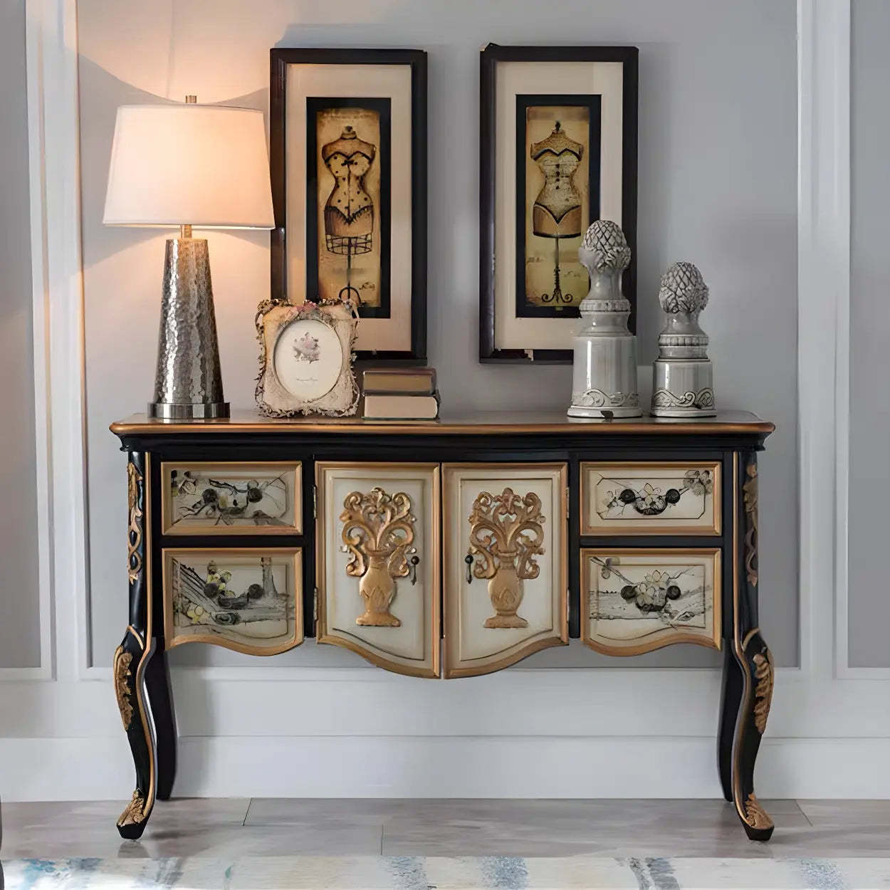 Luxury Brown Birch Cabinet-Drawer Console Table — Champagne