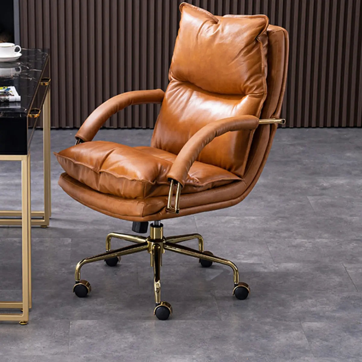 Luxury Leather Ergonomic Swivel Office Chair with Wheels — Brown/ Yellow