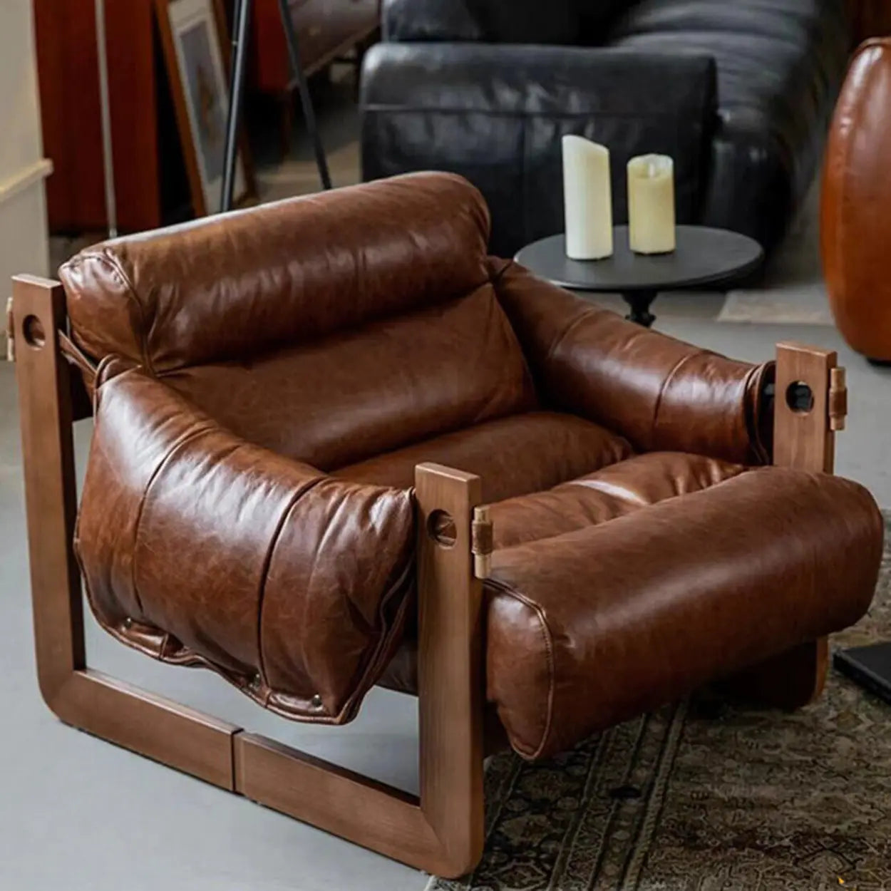 Brown Leather Loose-Back Accent Chair