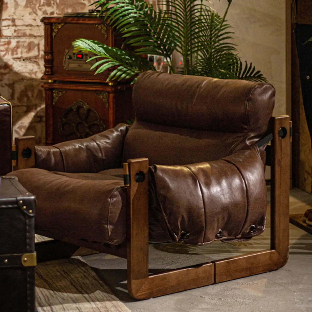 Brown Leather Loose-Back Accent Chair