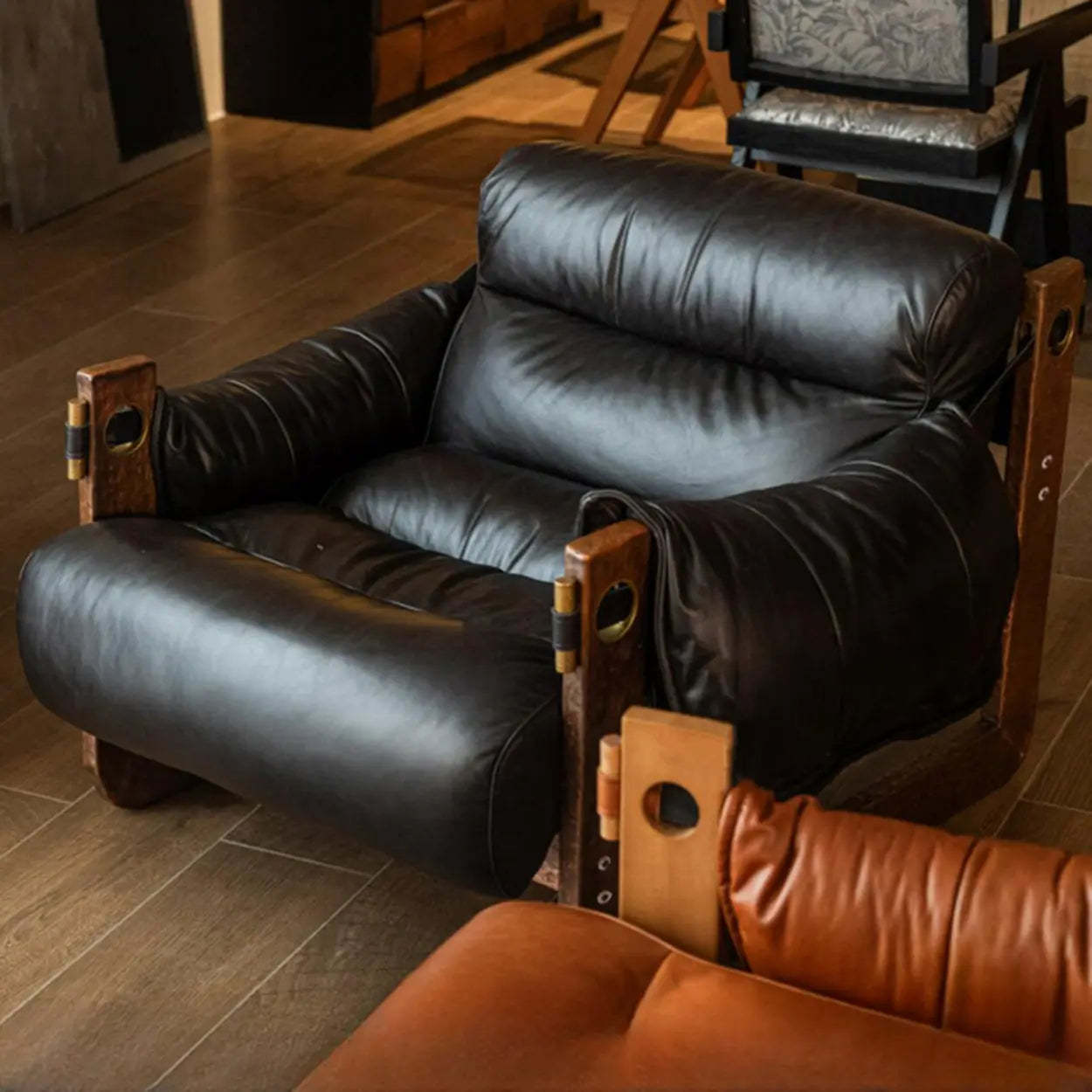 Brown Leather Loose-Back Accent Chair