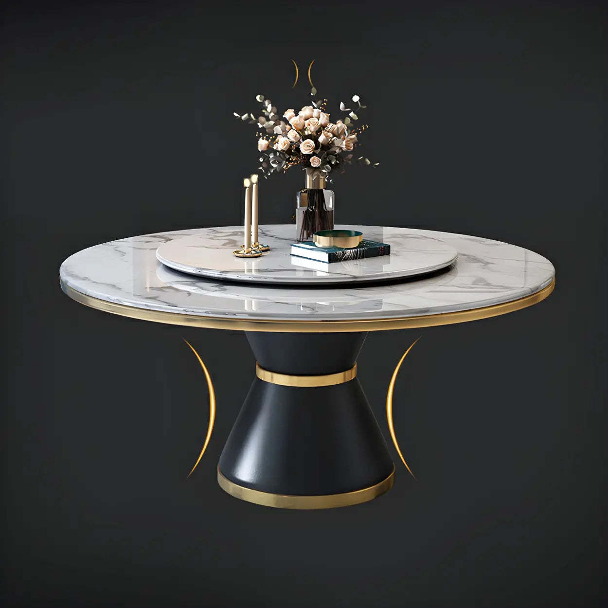 Round Marble Lazy Susan Dining Table — Without Chairs / White