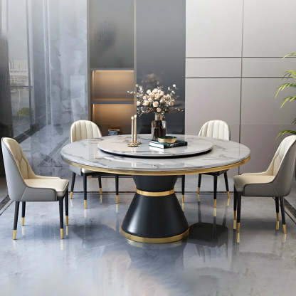 Round Marble Lazy Susan Dining Table — Without Chairs / Black/ White